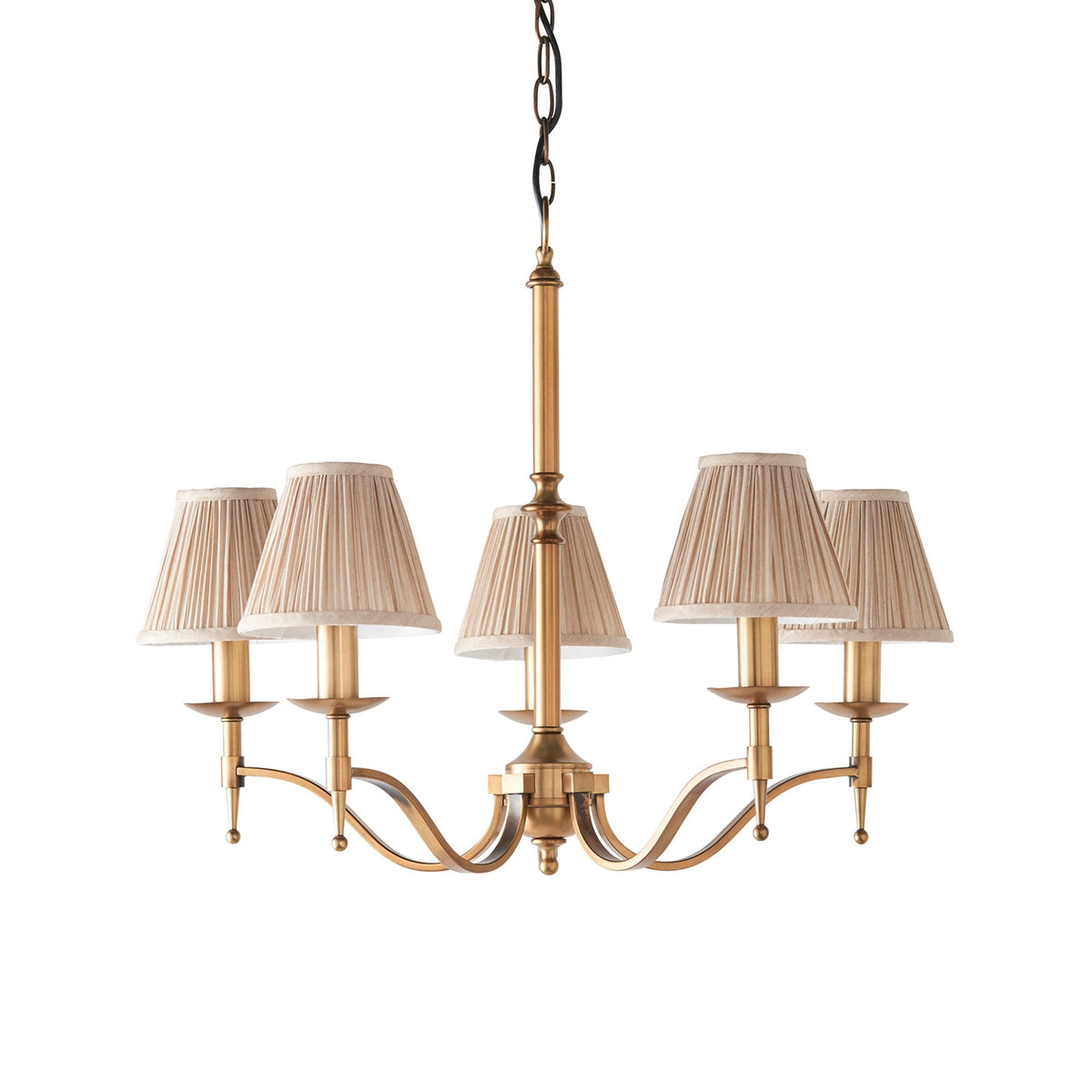Stanford Five Light Pendant In Antique Brass With Beige Fabric Shades