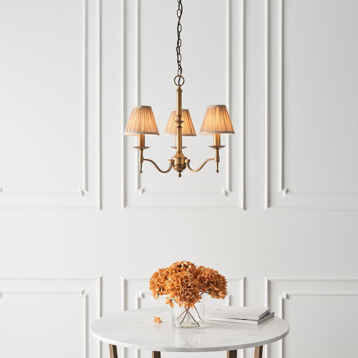 Stanford Three Light Pendant In Antique Brass With Beige Fabric Shades