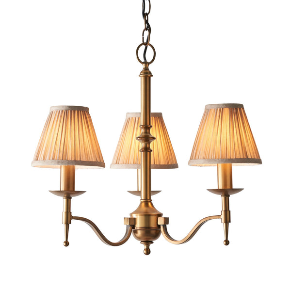 Stanford Three Light Pendant In Antique Brass With Beige Fabric Shades