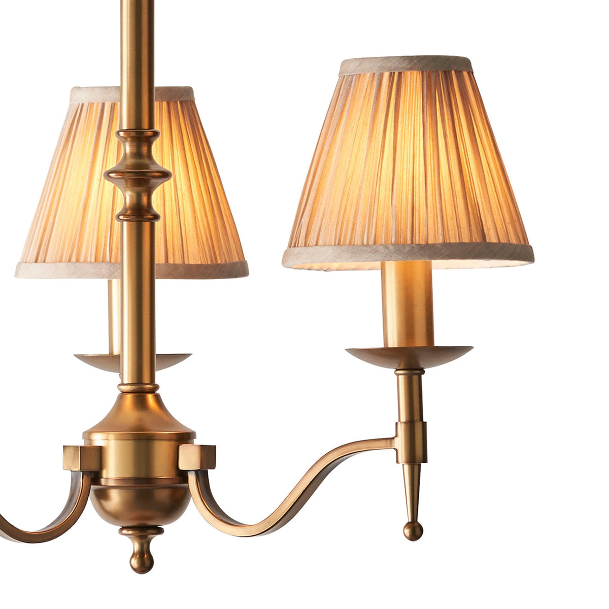 Stanford Three Light Pendant In Antique Brass With Beige Fabric Shades
