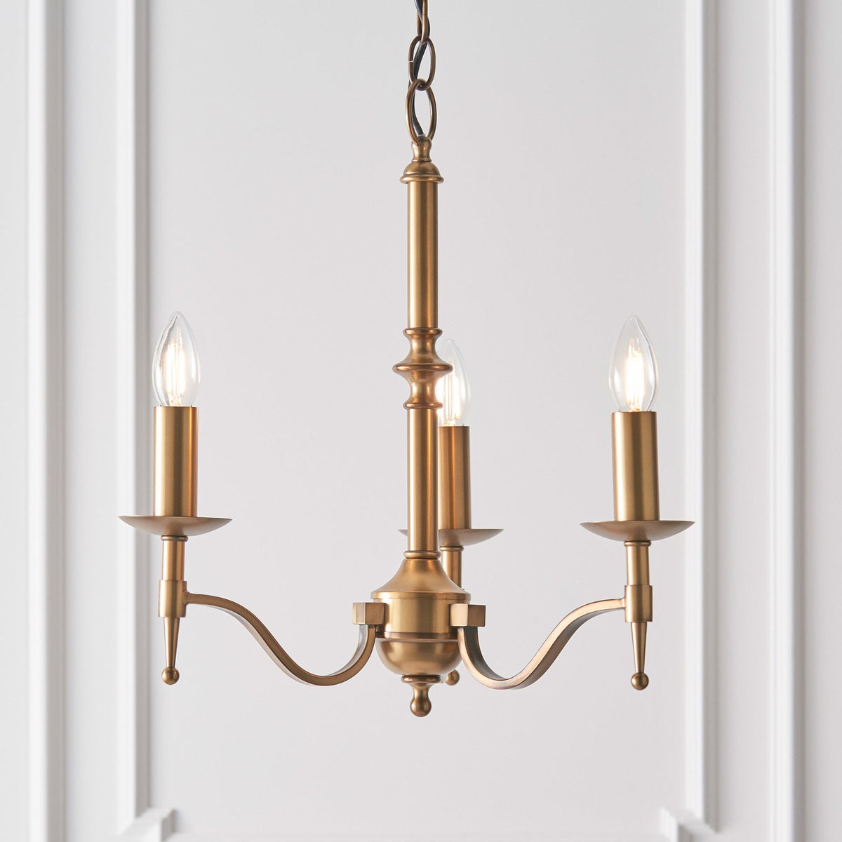 Stanford Three Light Pendant In Antique Brass With Beige Fabric Shades