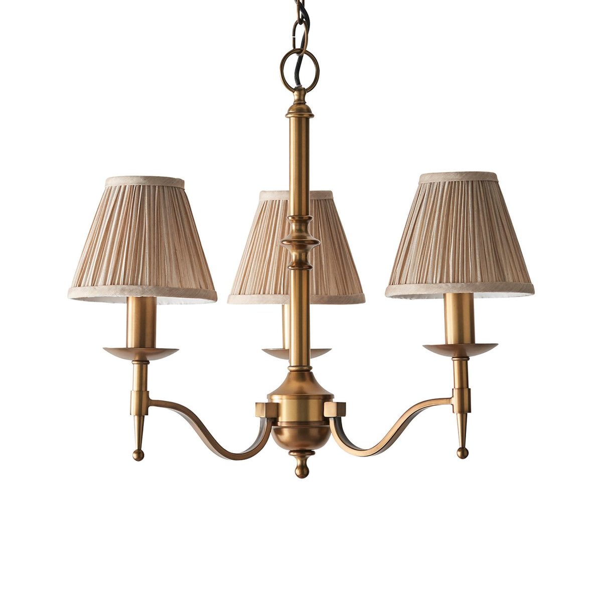 Stanford Three Light Pendant In Antique Brass With Beige Fabric Shades