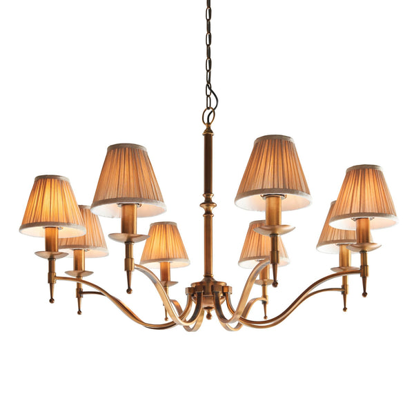Stanford Eight Light Pendant In Antique Brass With Beige Fabric Shades