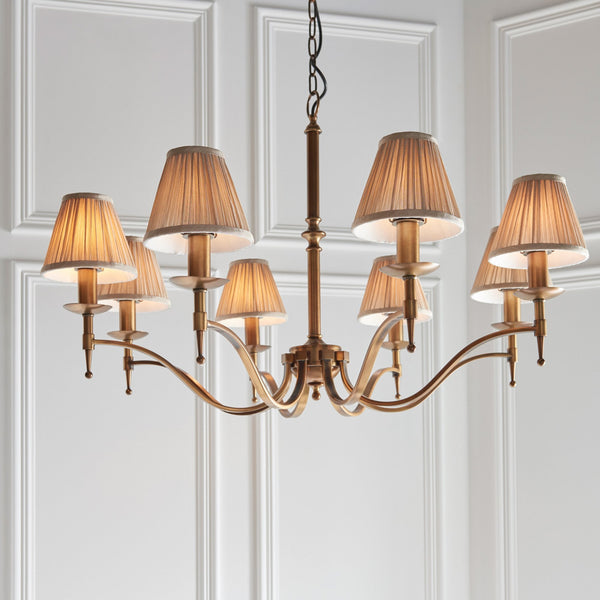 Stanford Eight Light Pendant In Antique Brass With Beige Fabric Shades