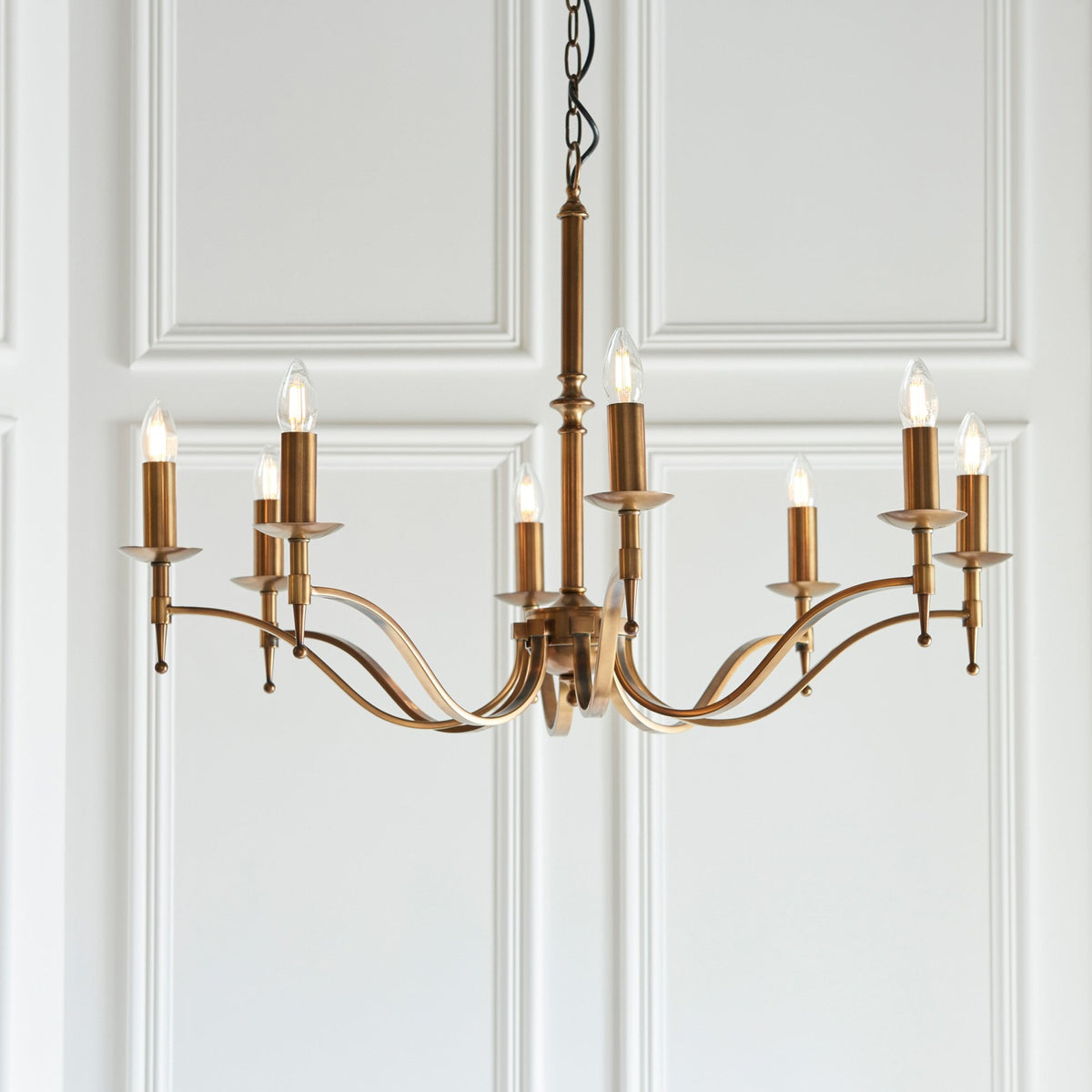 Stanford Eight Light Pendant In Antique Brass With Beige Fabric Shades