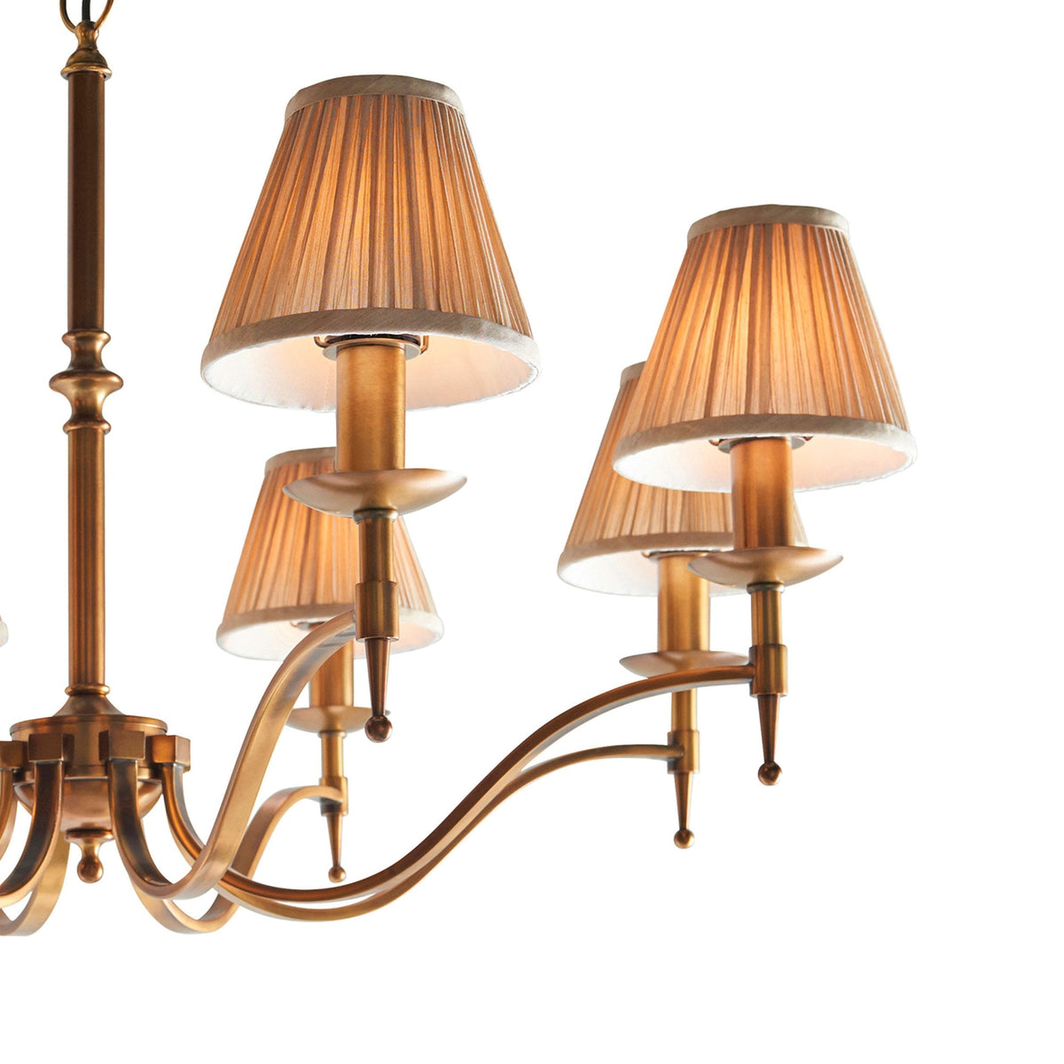 Stanford Eight Light Pendant In Antique Brass With Beige Fabric Shades