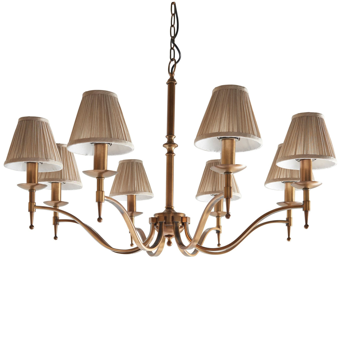 Stanford Eight Light Pendant In Antique Brass With Beige Fabric Shades