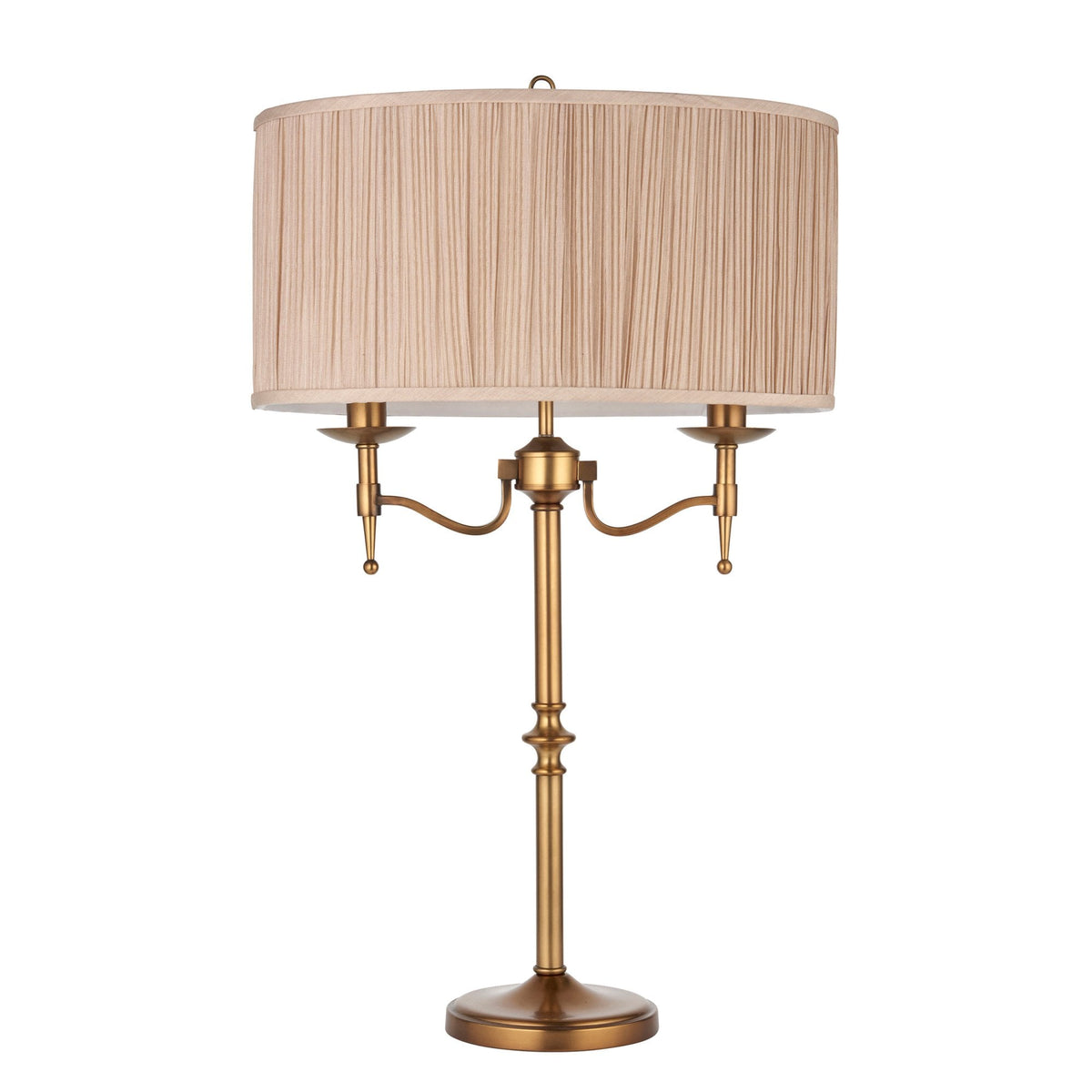 A classical brass table lamp featuring a pleated shade and three light sources.