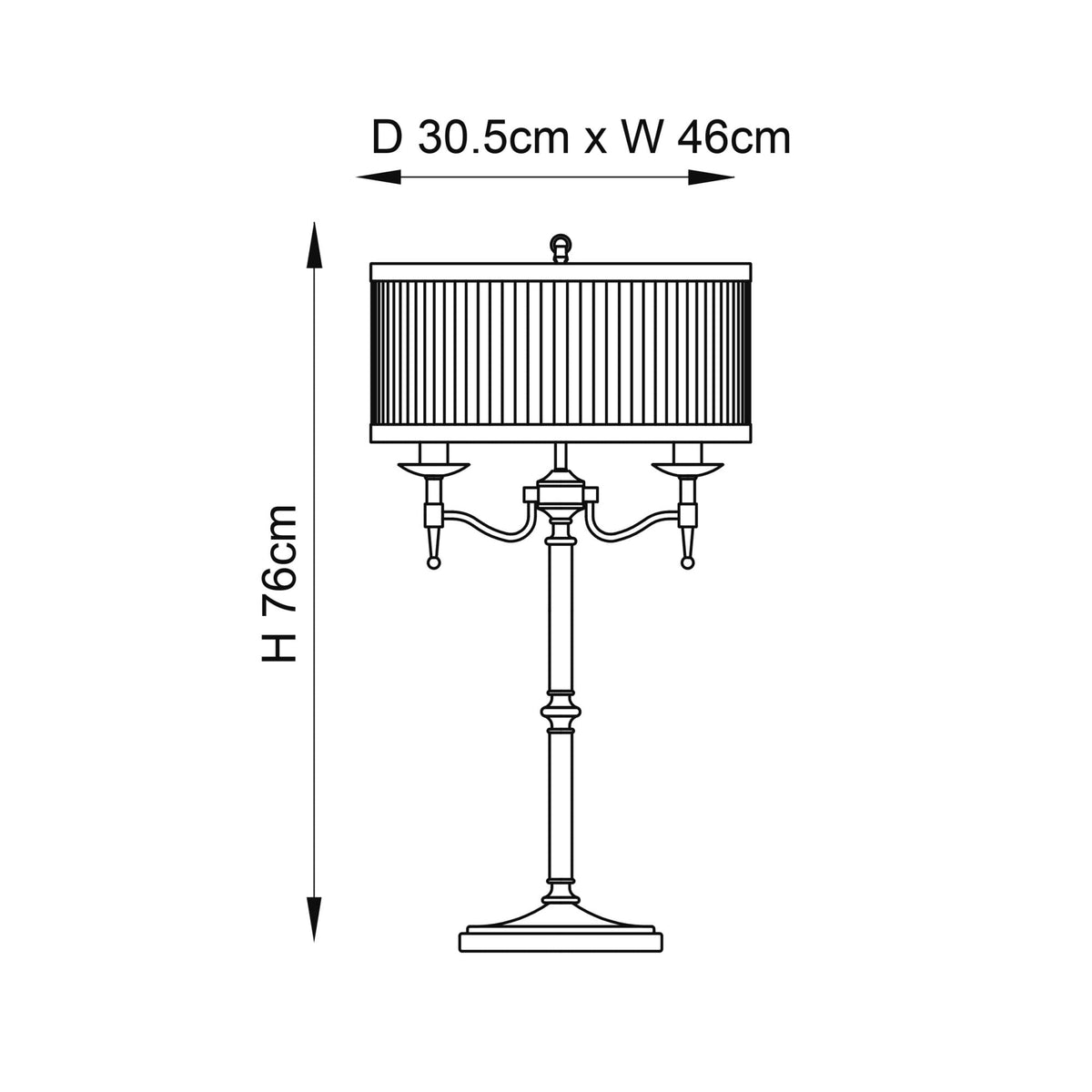 Technical drawing of a table lamp, showing its dimensions: H 76cm, D 30.5cm, W 46cm.