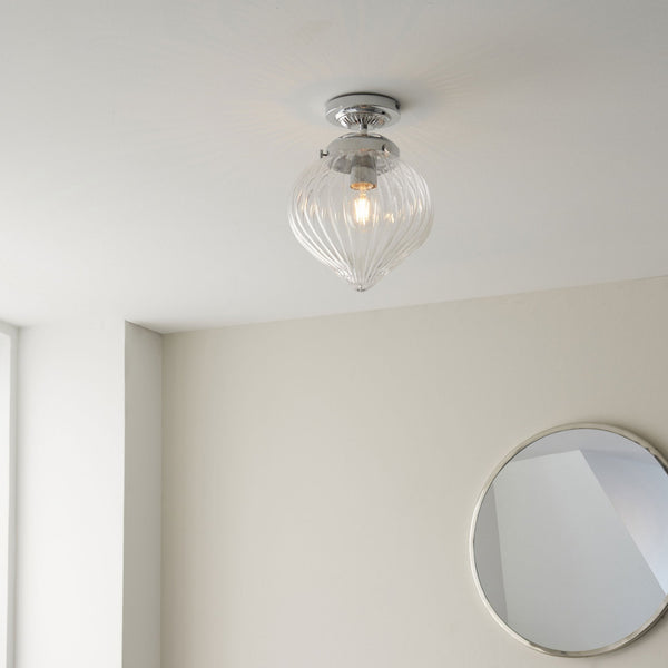 Cheston IP44 Bathroom Ceiling Light in Chrome with Clear Ribbed Glass Shade