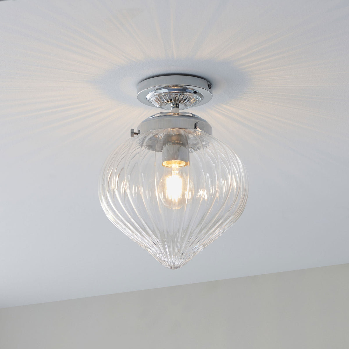 Cheston IP44 Bathroom Ceiling Light in Chrome with Clear Ribbed Glass Shade