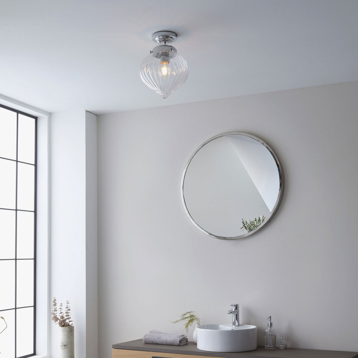 Cheston IP44 Bathroom Ceiling Light in Chrome with Clear Ribbed Glass Shade