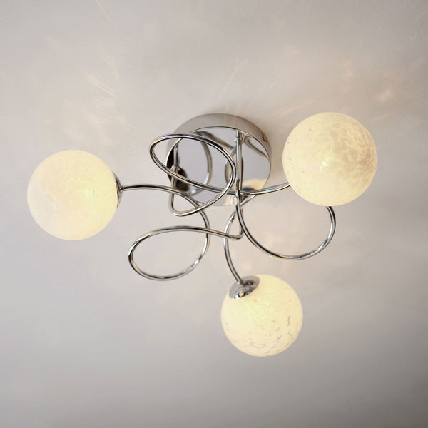Delos Three Arm Ceiling Light in Polished Chrome with White Confetti Glass Shades
