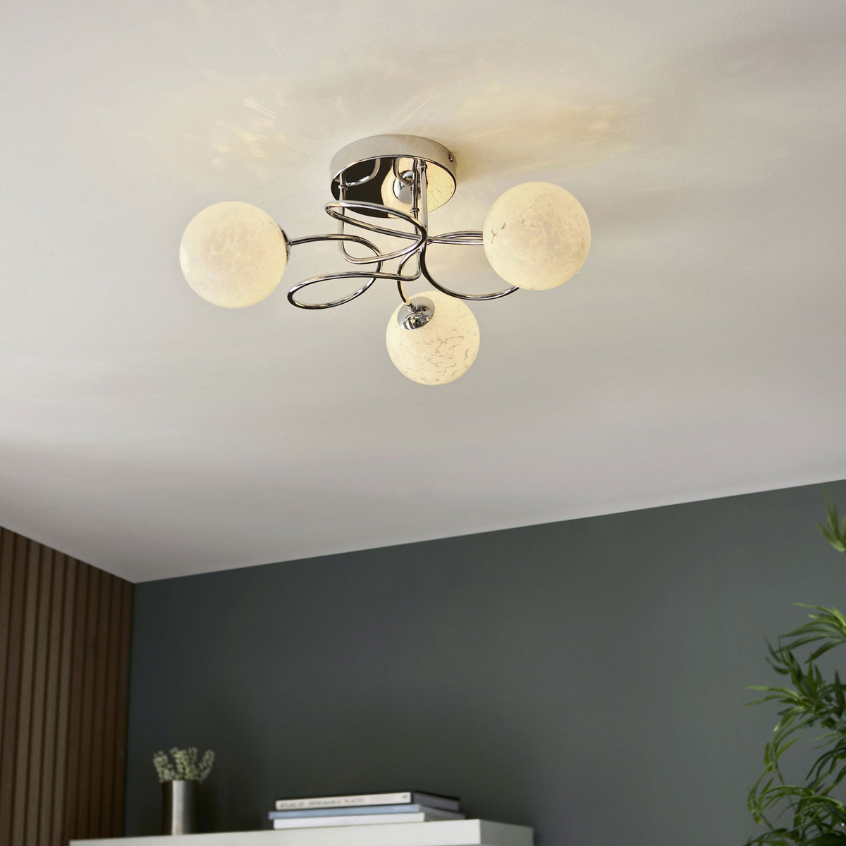 Delos Three Arm Ceiling Light in Polished Chrome with White Confetti Glass Shades