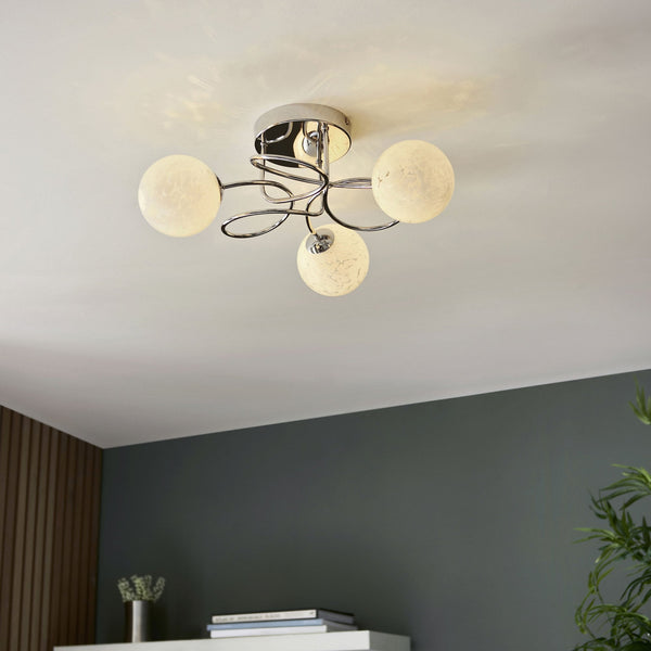 Delos Three Arm Ceiling Light in Polished Chrome with White Confetti Glass Shades