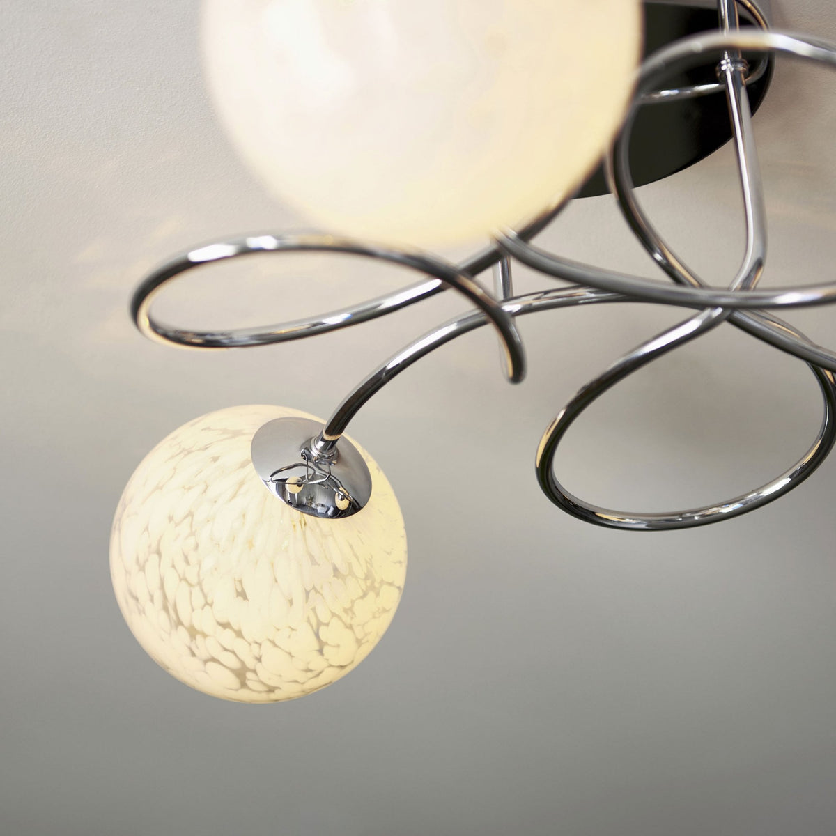 Delos Three Arm Ceiling Light in Polished Chrome with White Confetti Glass Shades