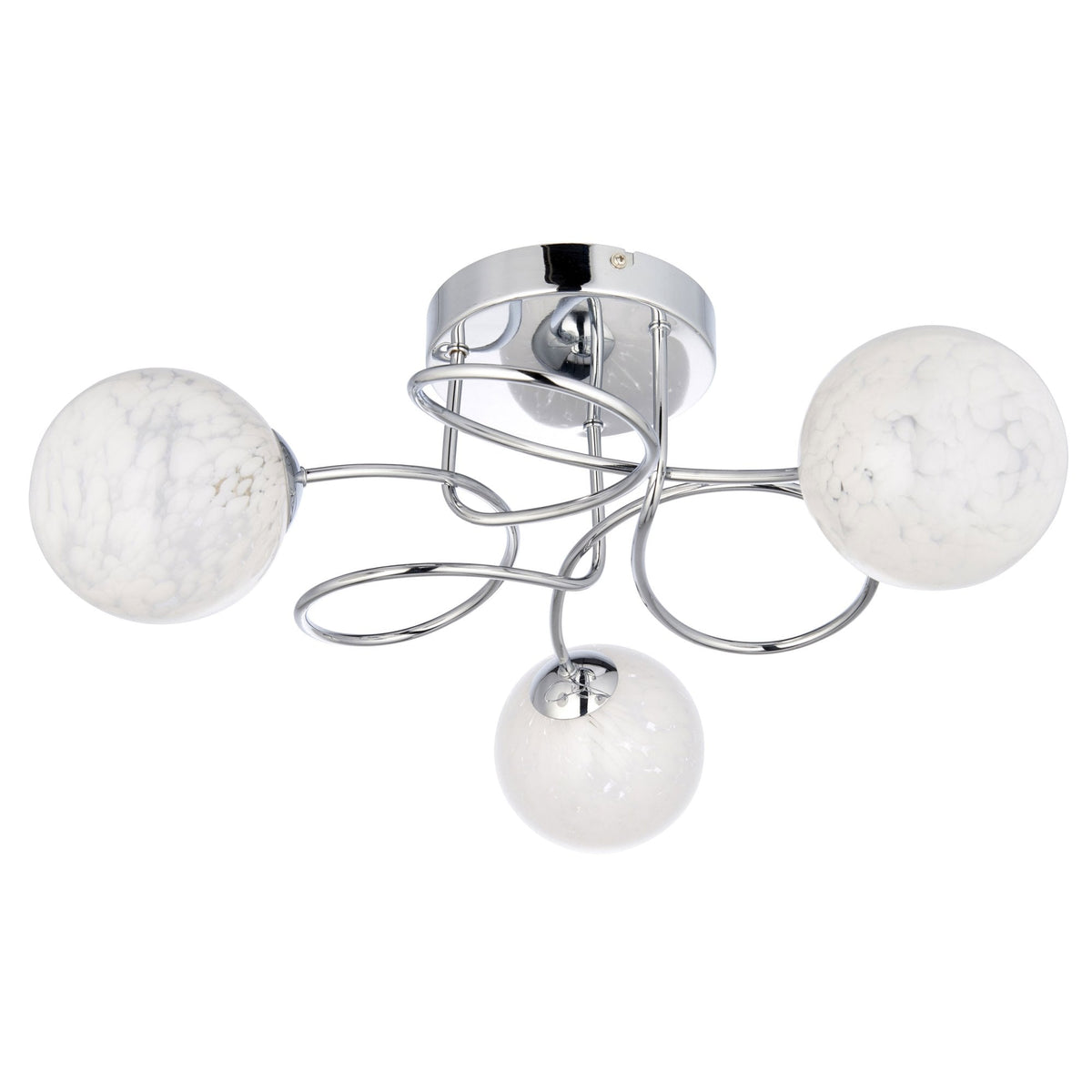 Delos Three Arm Ceiling Light in Polished Chrome with White Confetti Glass Shades