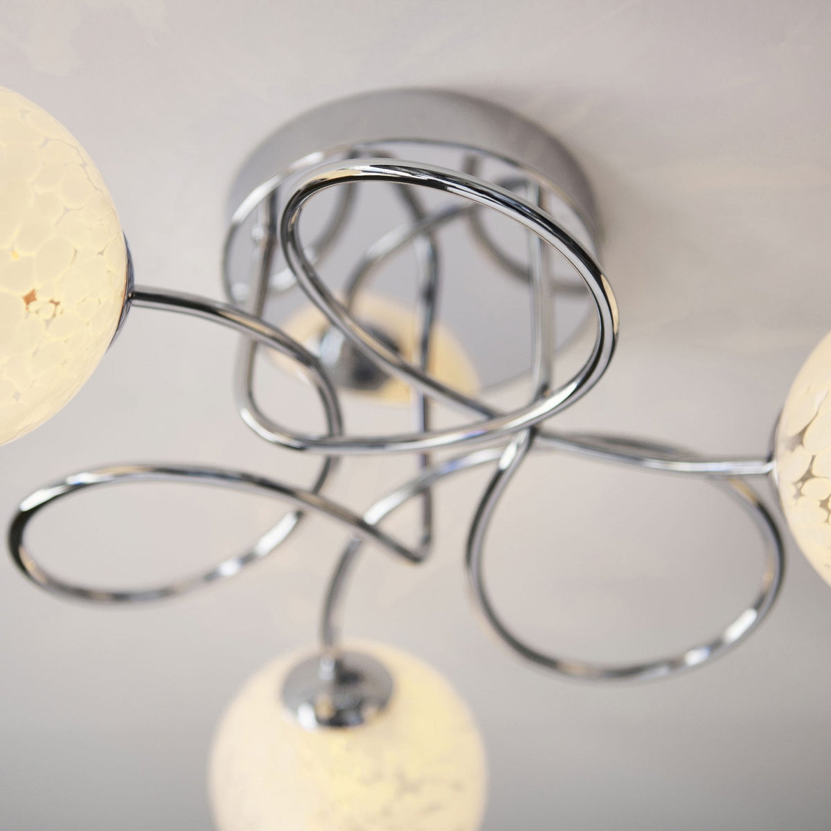 Delos Three Arm Ceiling Light in Polished Chrome with White Confetti Glass Shades