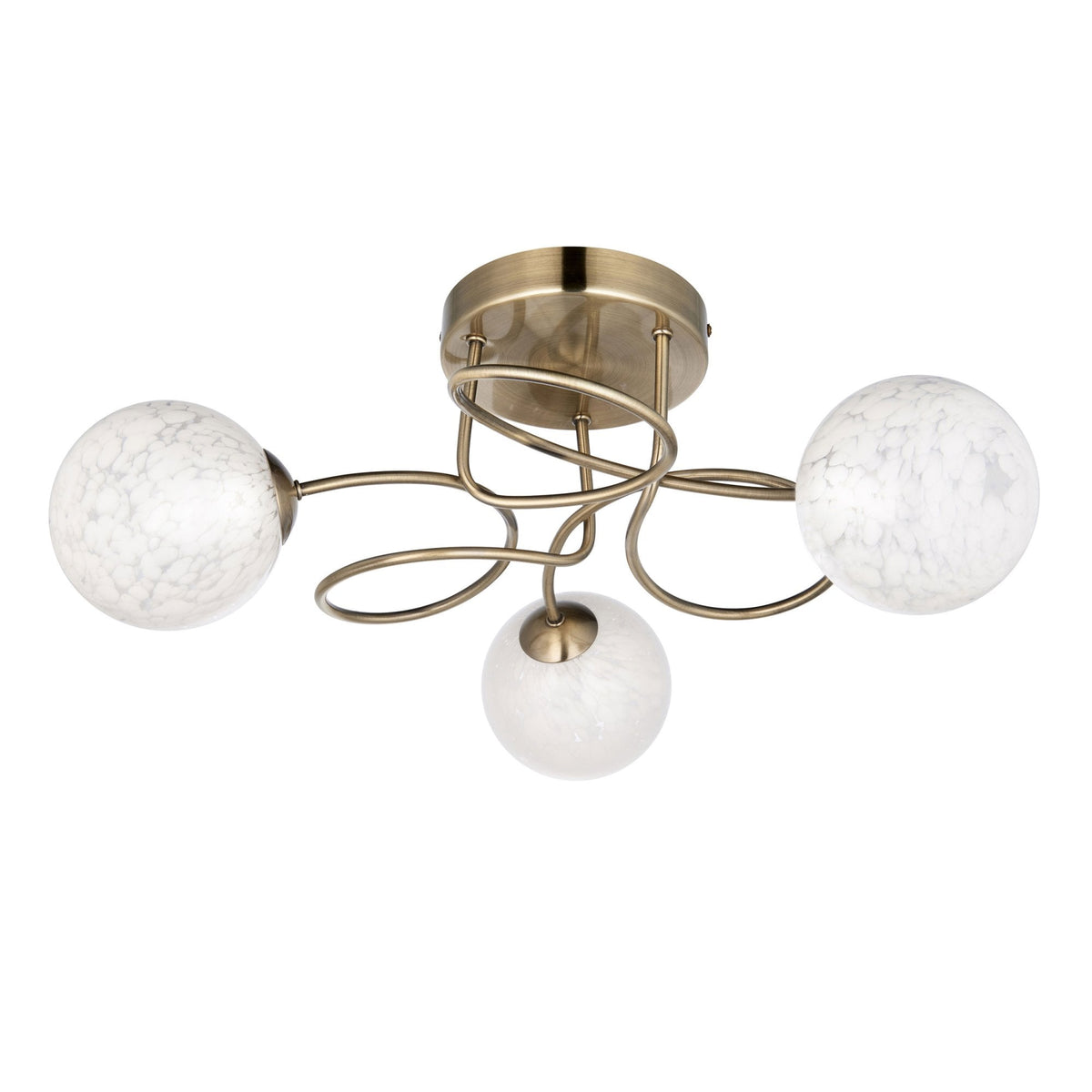 Delos Three Arm Ceiling Light in Antique Brass with White Confetti Glass Shades