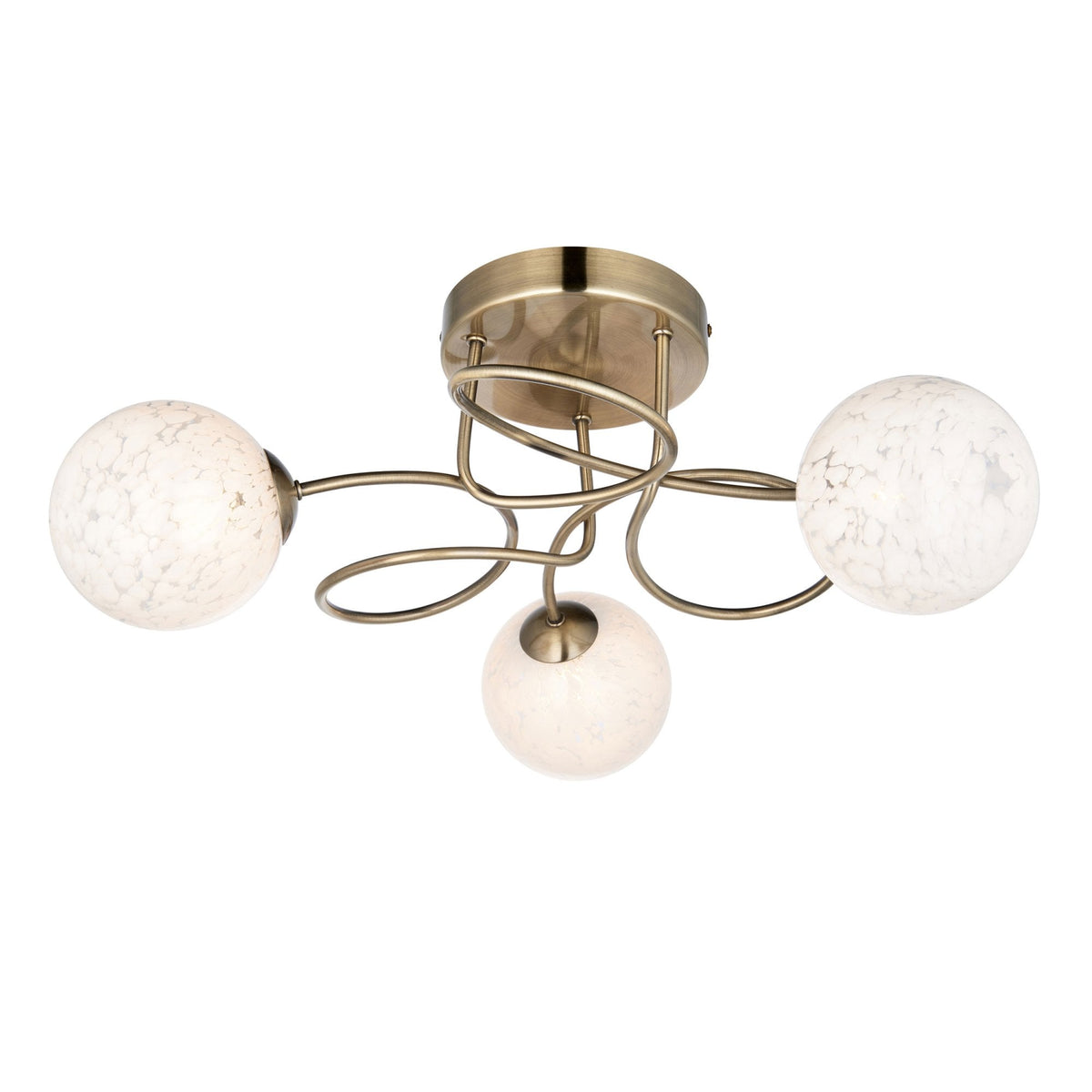 Delos Three Arm Ceiling Light in Antique Brass with White Confetti Glass Shades