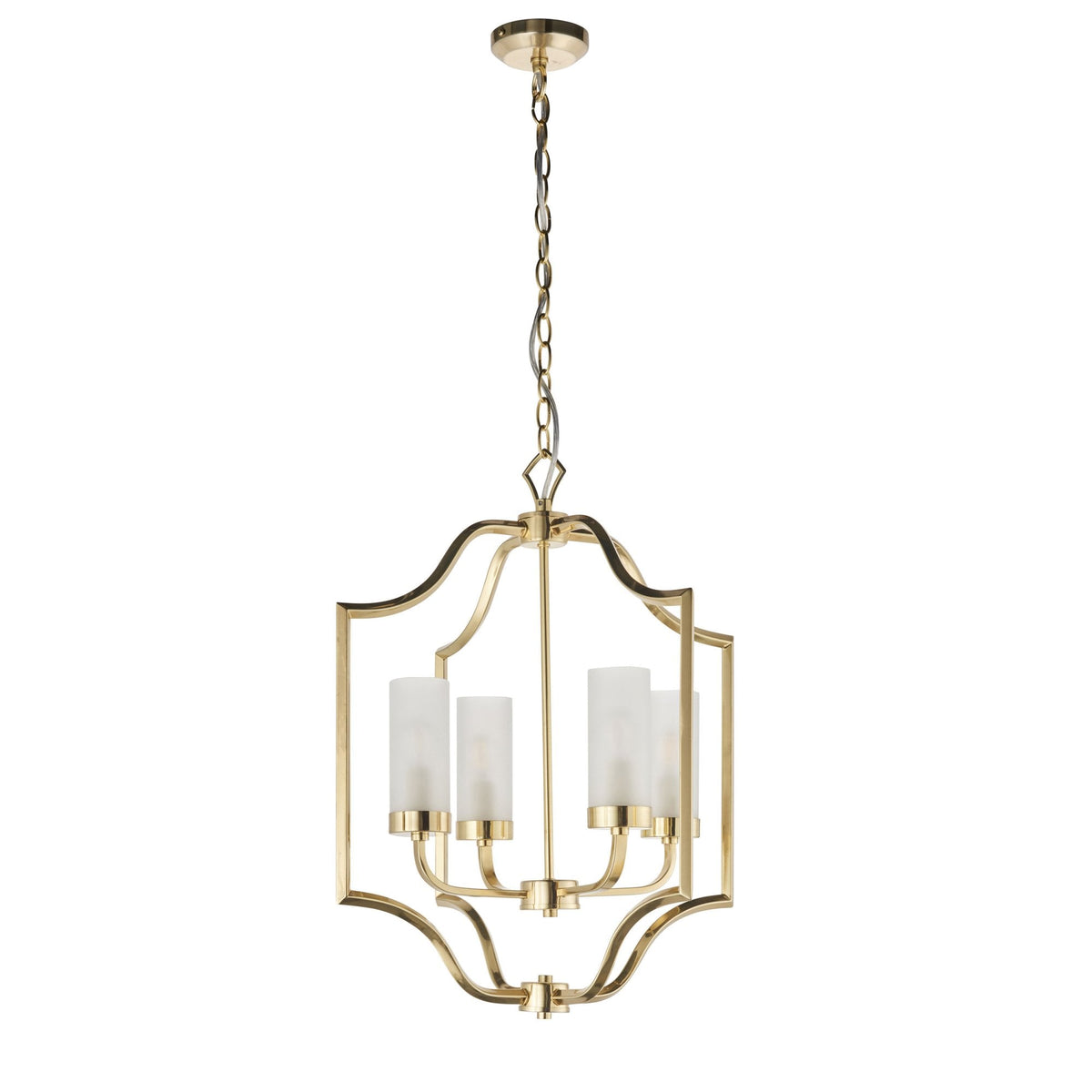 A gold chandelier with four frosted glass shades hangs from a chain against a white background.
