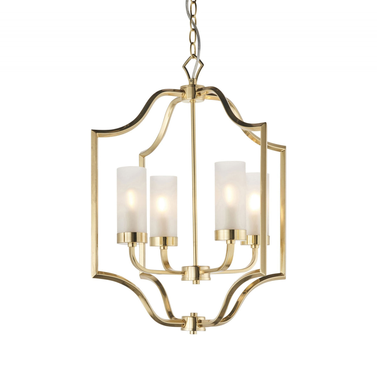 A gold chandelier with four frosted glass shades hangs from a chain against a white background.