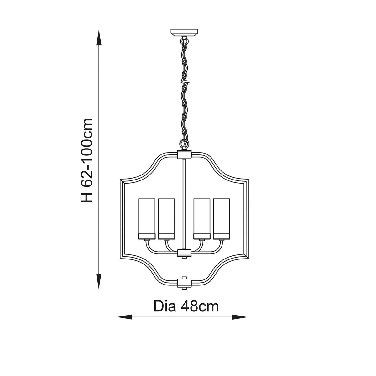 Line drawing of a chandelier with dimensions: height 62-100cm, diameter 48cm.