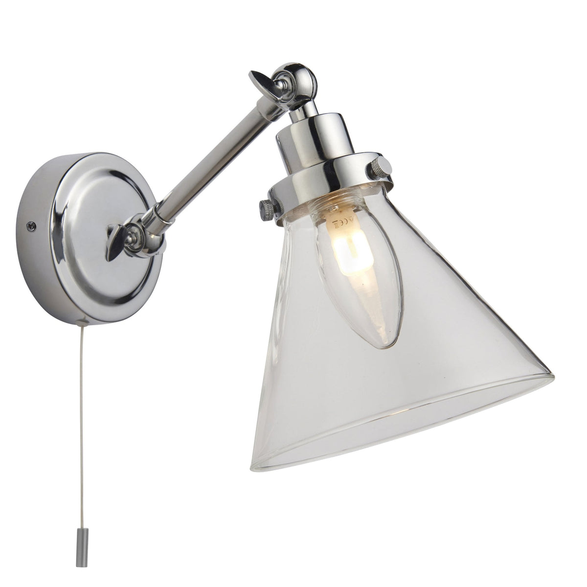 Chrome wall light with a clear glass cone shade and a visible pull cord switch, angled downwards on a white background.
