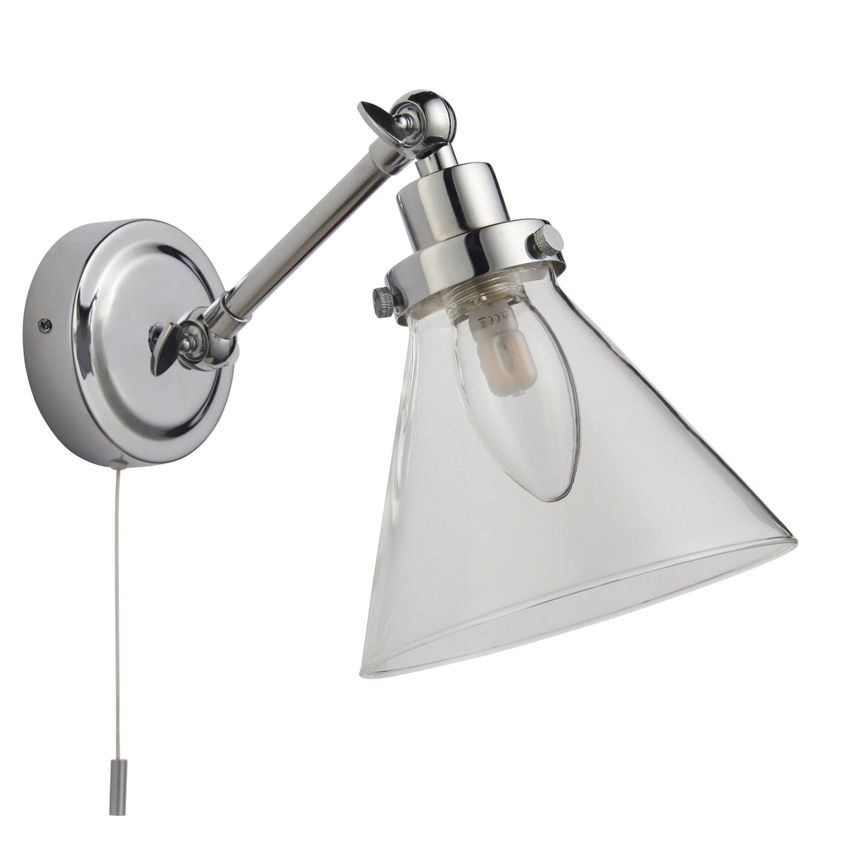 Chrome wall light with a clear glass cone shade and a visible pull cord switch, angled downwards on a white background.