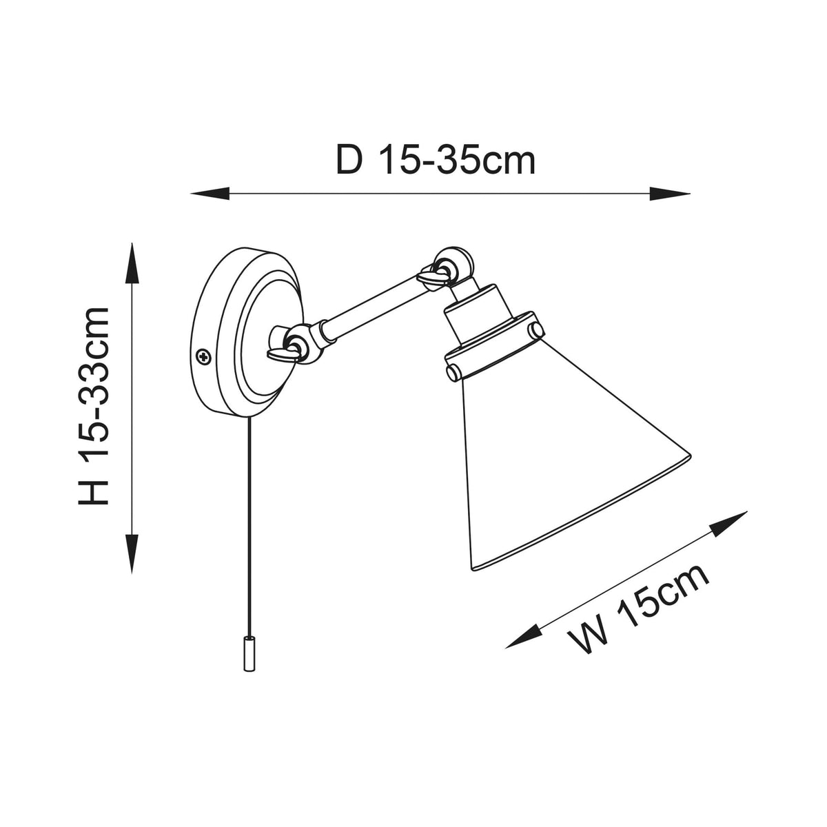 Line drawing of a wall light with dimensions: height 15-33cm, depth 15-35cm, width 15cm.