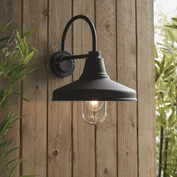 Farmhouse IP44 Wall Light in Textured Black with Clear Glass Shade