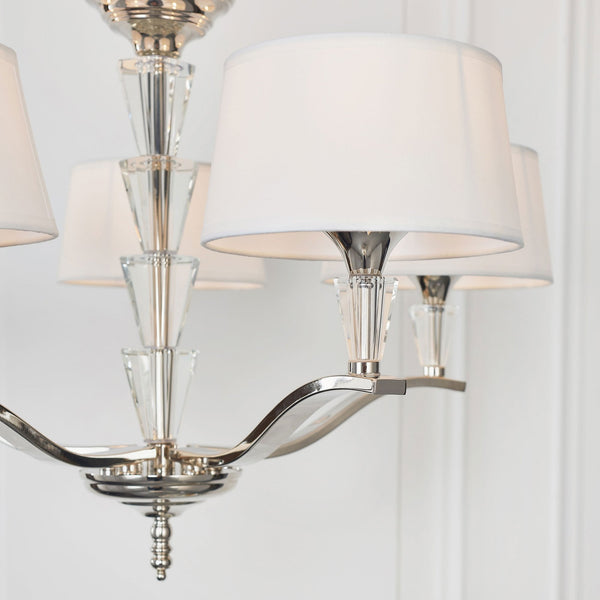 Fiennes Five Lamp Pendant in Chrome and Crystal with Vintage White Fabric Shades