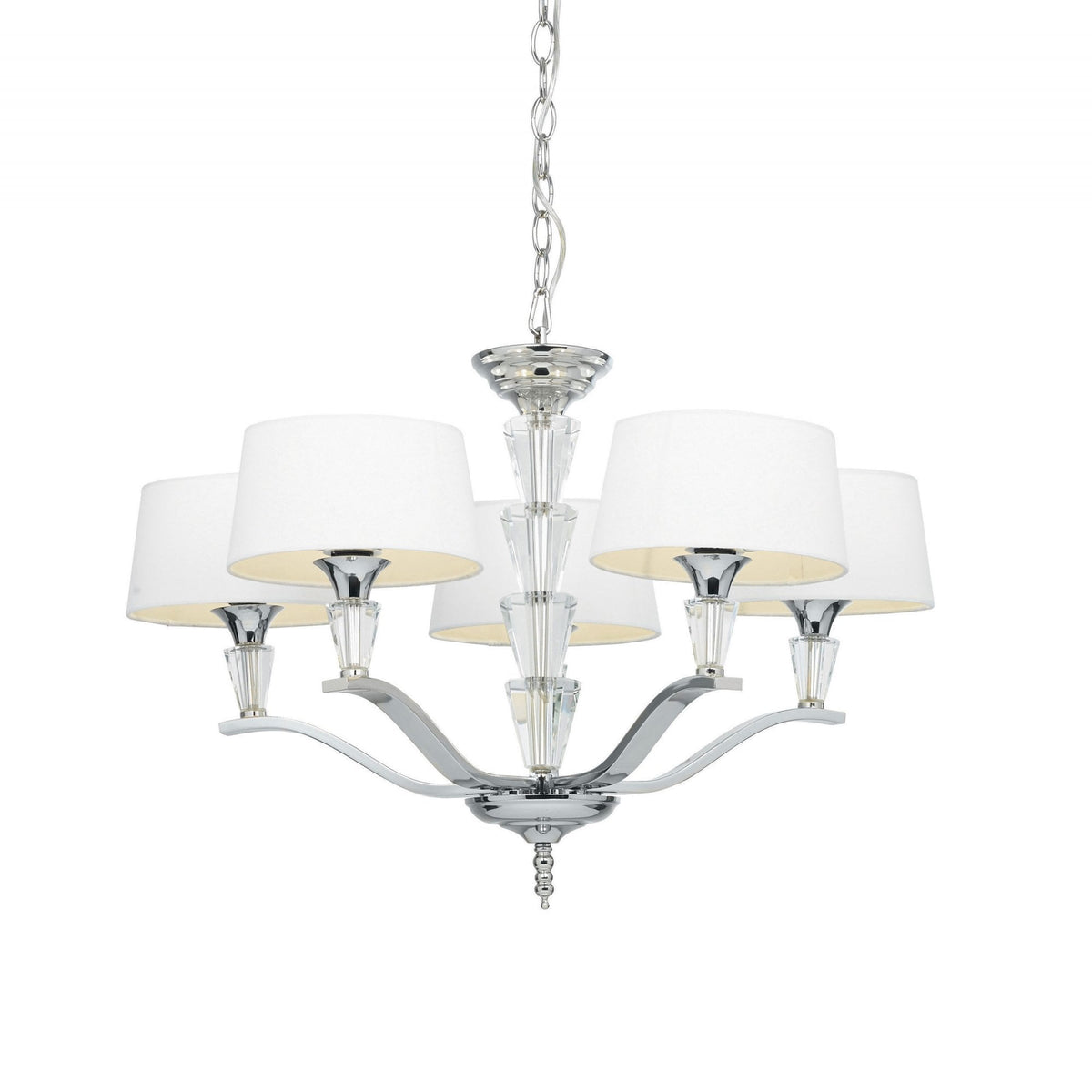 A five-arm chandelier with white fabric shades and clear crystal accents, isolated on a white background.