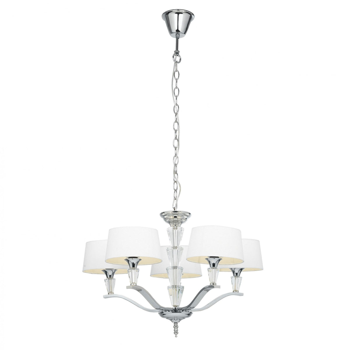 A five-arm chandelier with white fabric shades and clear crystal accents, isolated on a white background.