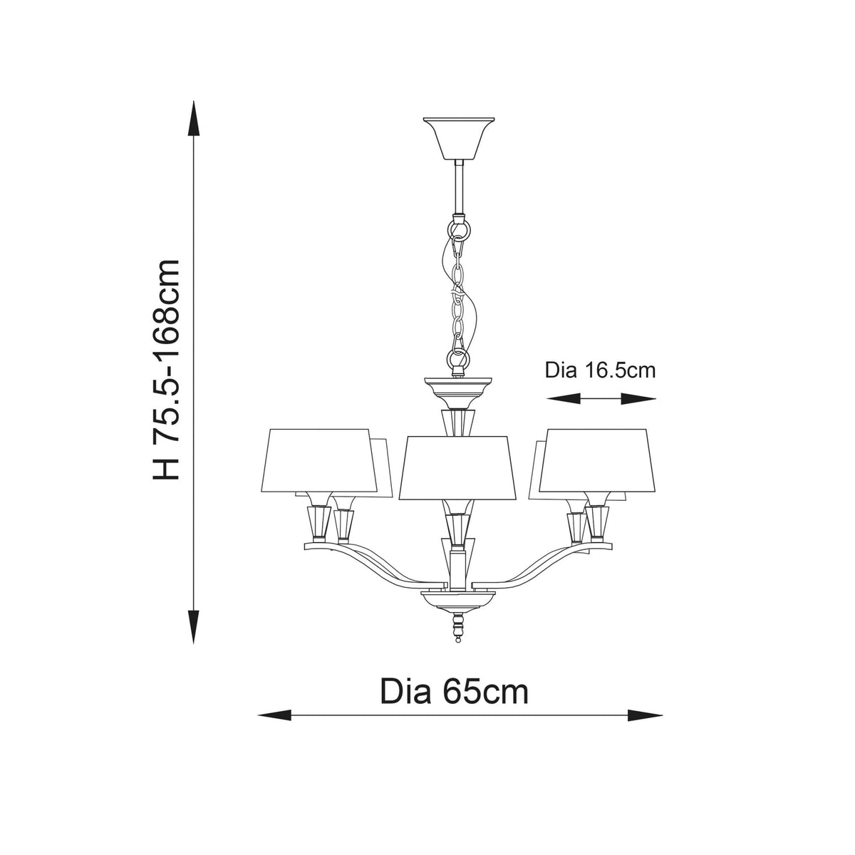Line drawing of a chandelier with dimensions: height 75.5-168cm, diameter 65cm, shade diameter 16.5cm.