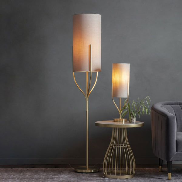 Fraser Floor Lamp in Satin Brass with Natural Fabric Cylinder Shade