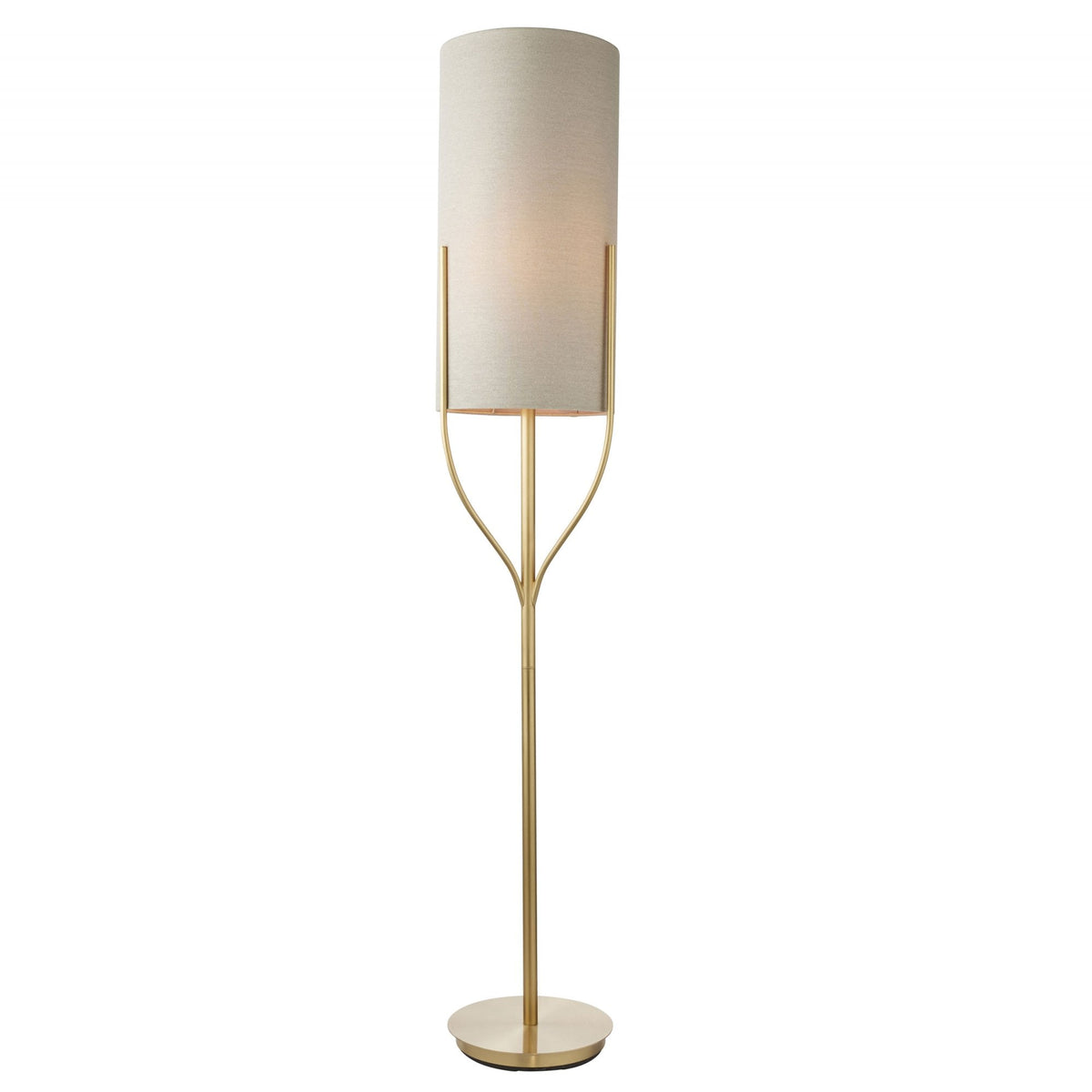 Floor lamp with a gold base and a light-colored cylindrical shade, casting a warm glow, on a white background.