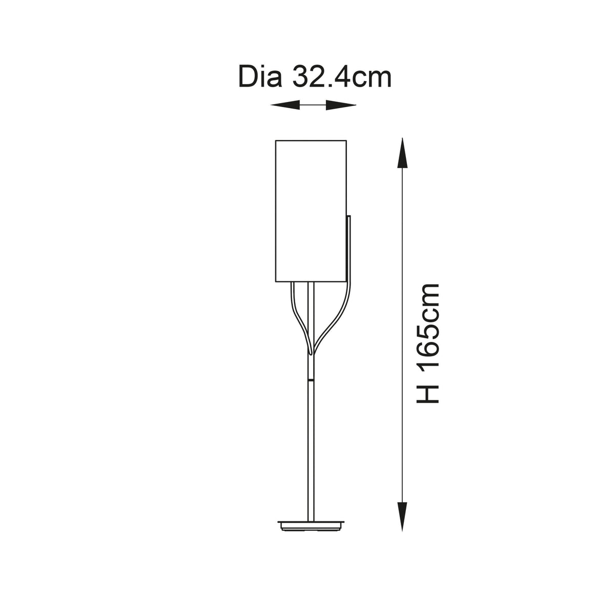 Line drawing of a floor lamp with dimensions: 165cm height and 32.4cm diameter.