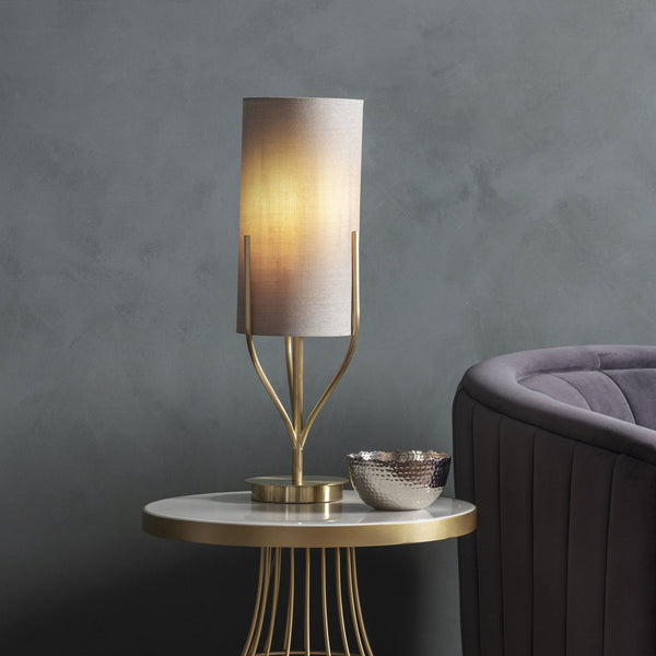 Fraser Table Lamp in Satin Brass with Natural Fabric Cylinder Shade