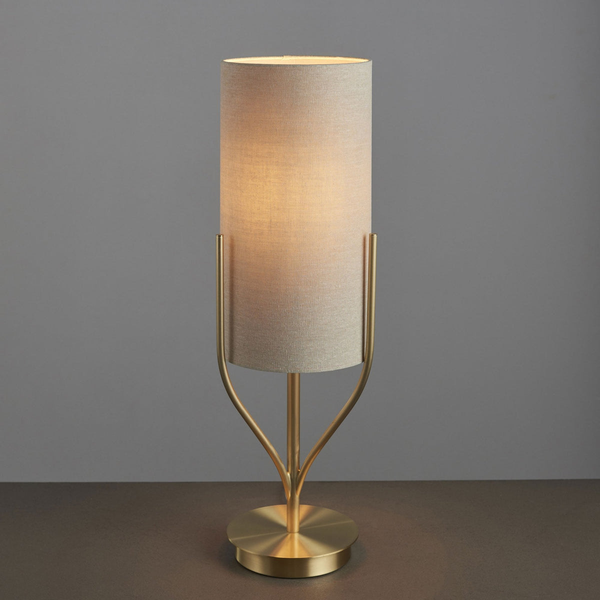 Fraser Table Lamp in Satin Brass with Natural Fabric Cylinder Shade