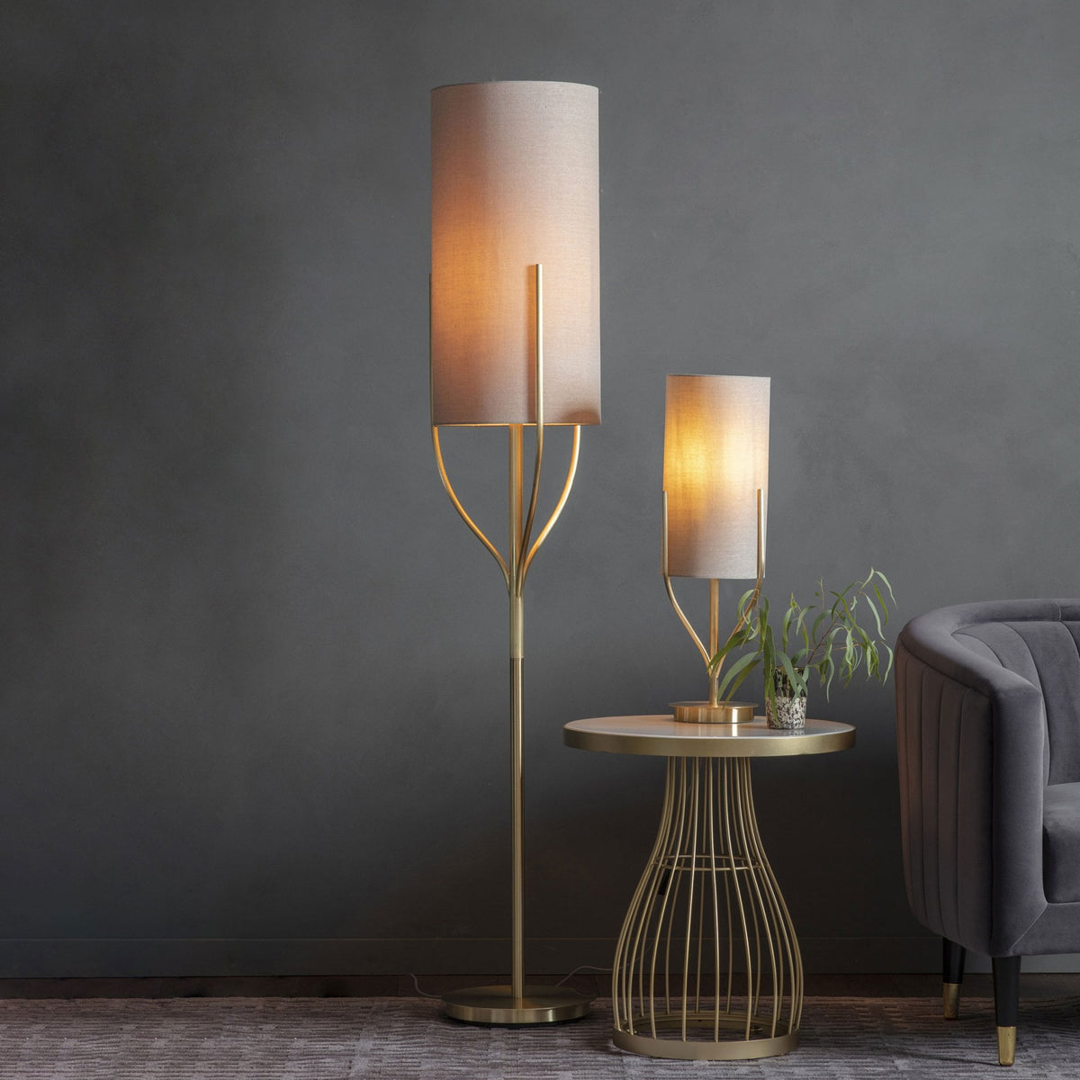 Fraser Table Lamp in Satin Brass with Natural Fabric Cylinder Shade