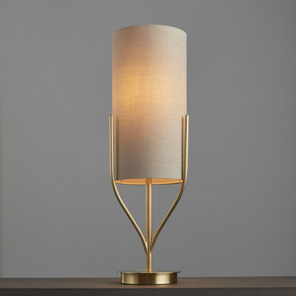 Fraser Table Lamp in Satin Brass with Natural Fabric Cylinder Shade