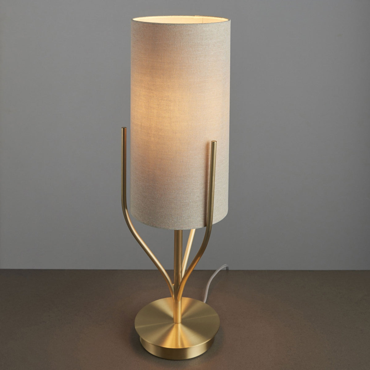 Fraser Table Lamp in Satin Brass with Natural Fabric Cylinder Shade
