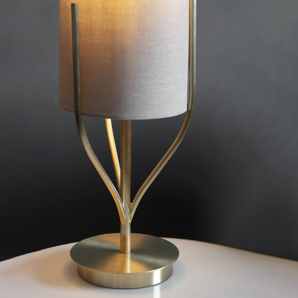 Fraser Table Lamp in Satin Brass with Natural Fabric Cylinder Shade