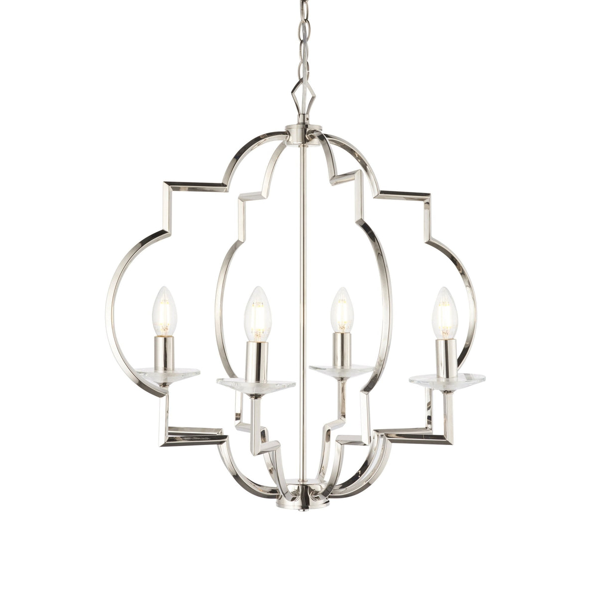 Polished nickel chandelier with four lights, geometric frame, and clear glass accents, isolated on a white background.