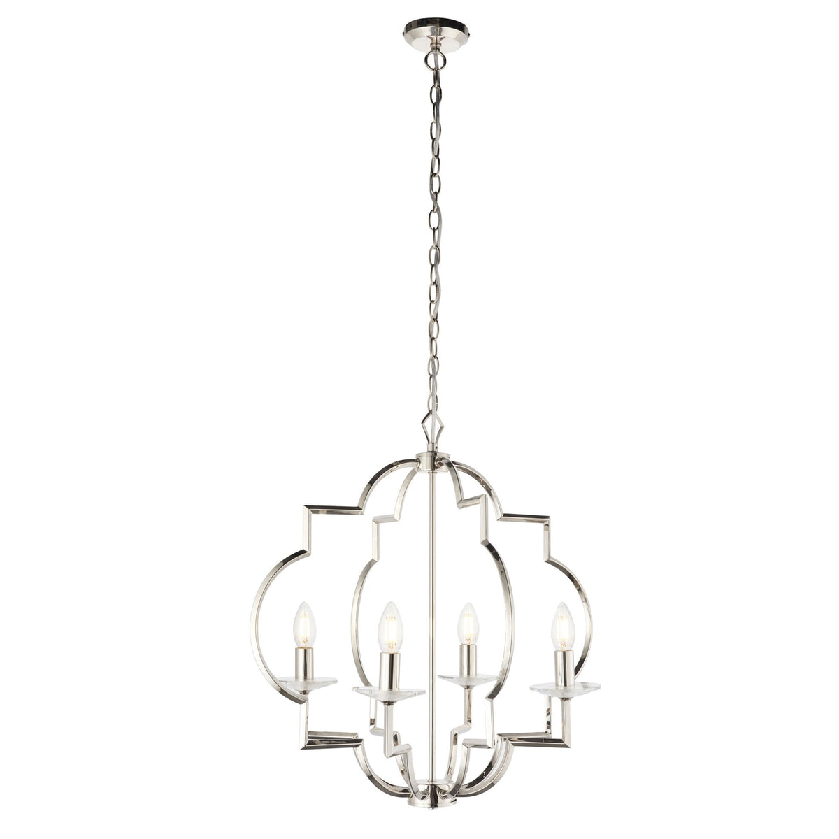 Polished nickel chandelier with four lights, geometric frame, and clear glass accents, hanging from a chain on a white background.