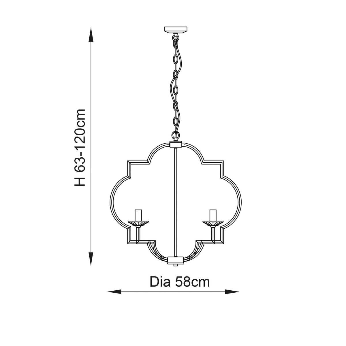 Line drawing of a chandelier with height 63-120cm and diameter 58cm.