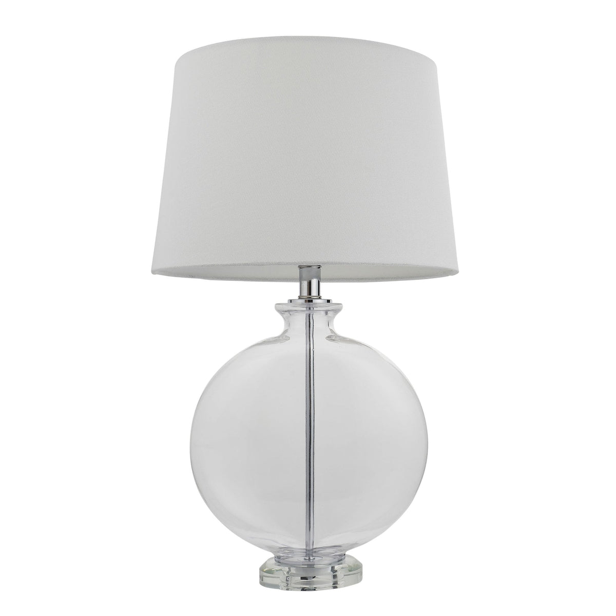 Clear glass table lamp with a round base and a white fabric shade, isolated on a white background.