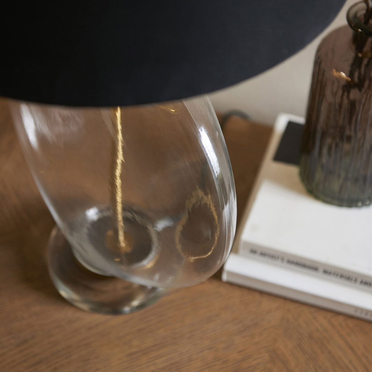 Gideon Table Lamp and Shade with Clear Glass Ellipsoid Base and Antique Brass Detailing