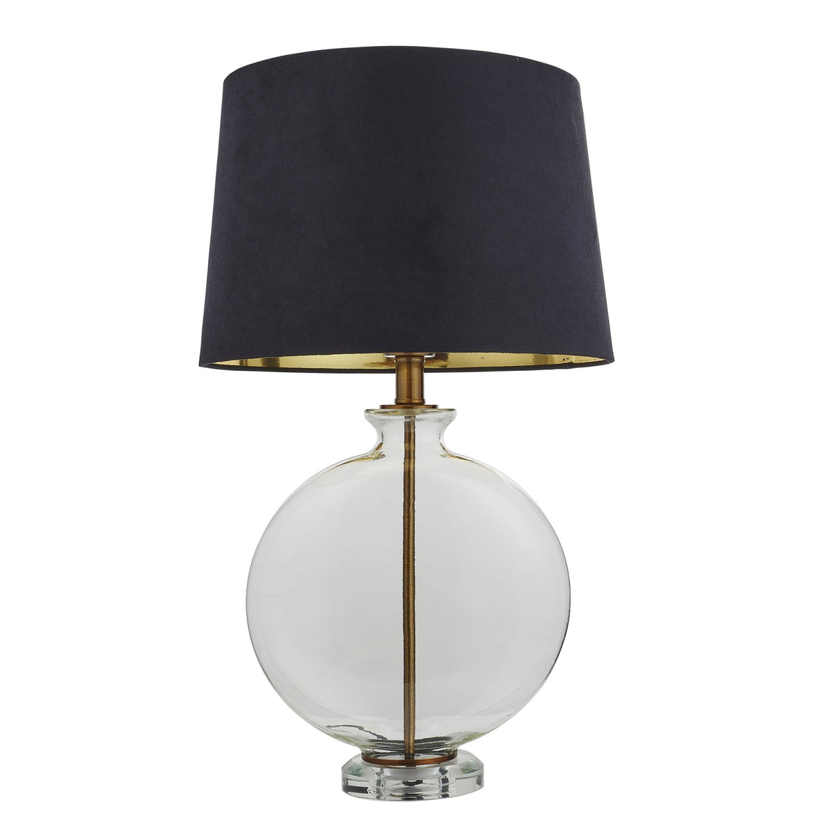 Gideon Table Lamp and Shade with Clear Glass Ellipsoid Base and Antique Brass Detailing
